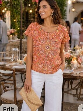 Joie 100% Linen Paisley Print Short Sleeve Top XL